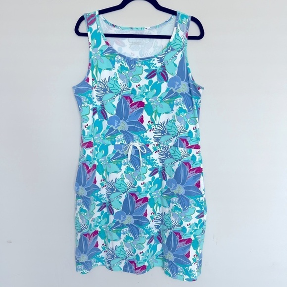 Talbots Floral Stretch Dress Tie Waist Beach  Lounge Sports Cotton Pockets sz L - Picture 1 of 7